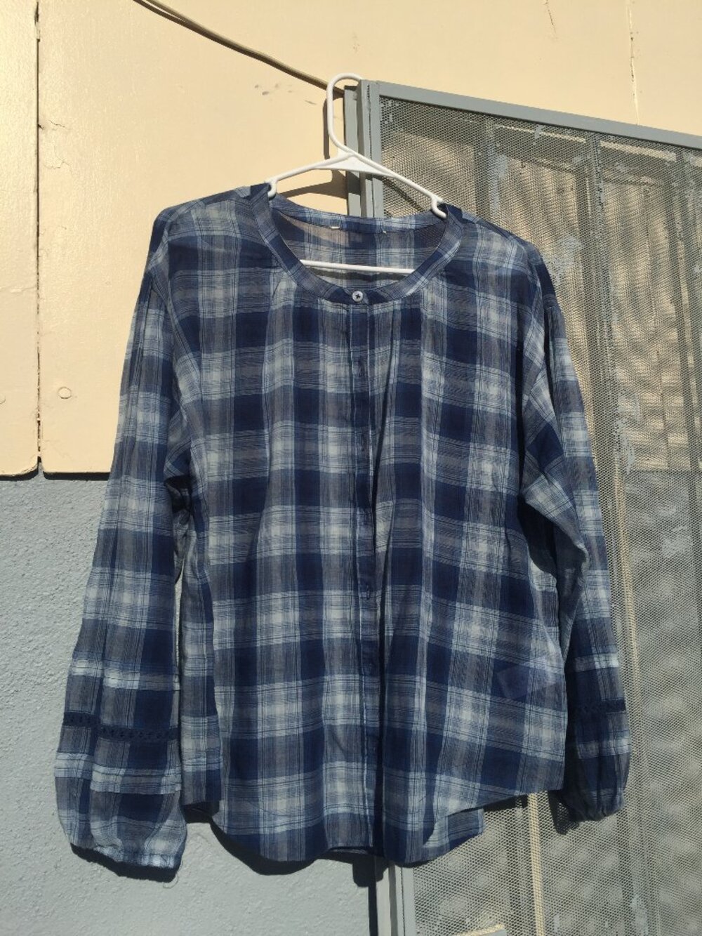 Lucky Brand Blue Plaid Peasant Blouse | Lace Trim Balloon Sleeve | Boho Top | M
